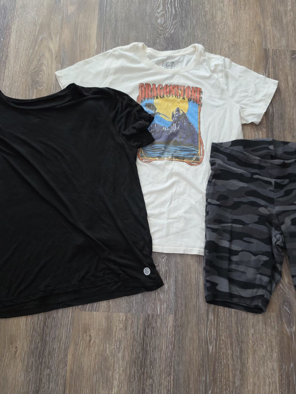 Graphic 'Dragonstone' White Tee + Black Tee & Camouflage Bike Shorts Bundle